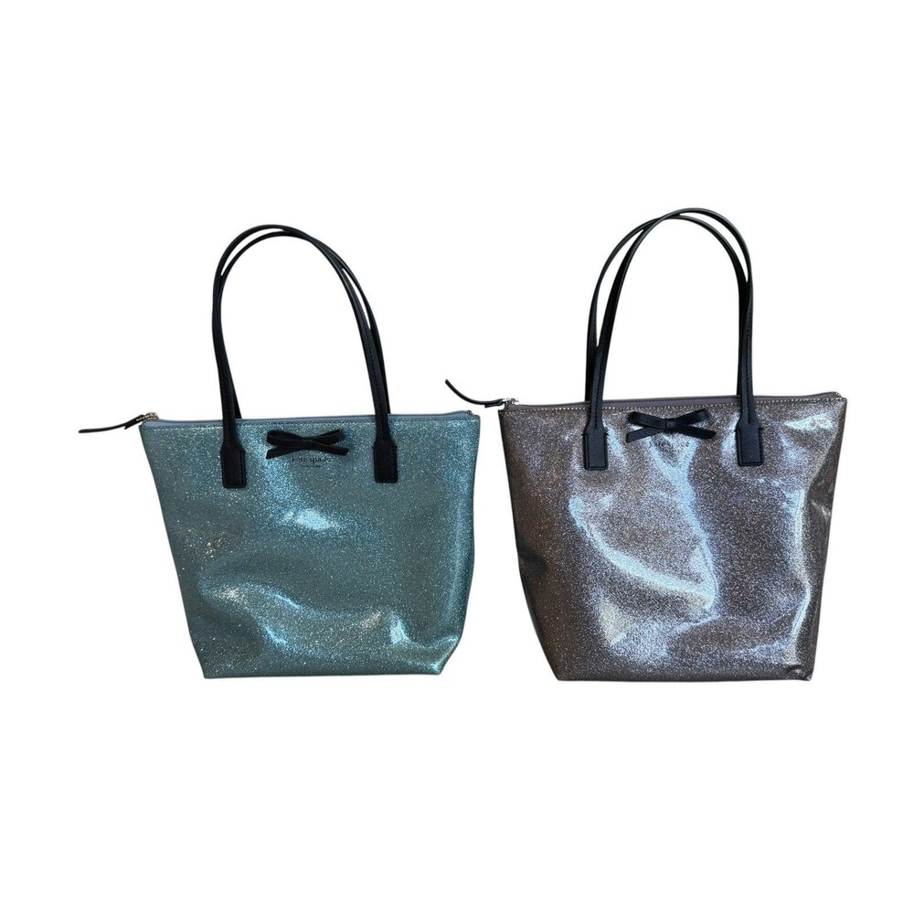 Lot Of 2 Kate Spade New York Mavis Street Light Blue & Gray Glitter Tote Bag - Picture 3 of 10